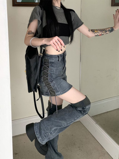 デニムレッグカバー付きデニムミニスカート/2pcセット/cm0053