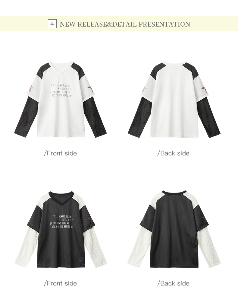 VネックコントラストダメージフェイクレイヤードTシャツ/2color/cm0045