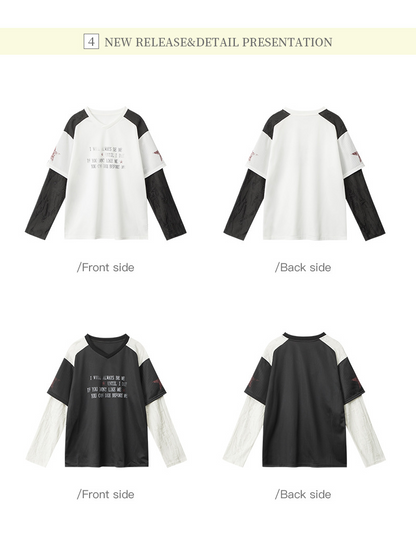 VネックコントラストダメージフェイクレイヤードTシャツ/2color/cm0045
