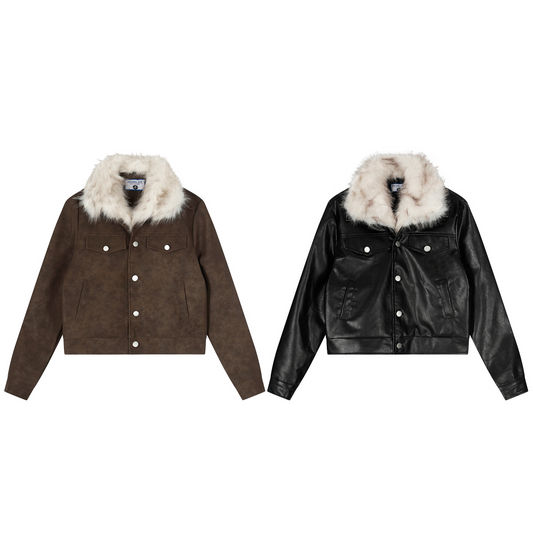 ファー付きフェイクレザーダブルポケットデザインジャケット/2color/cm0044