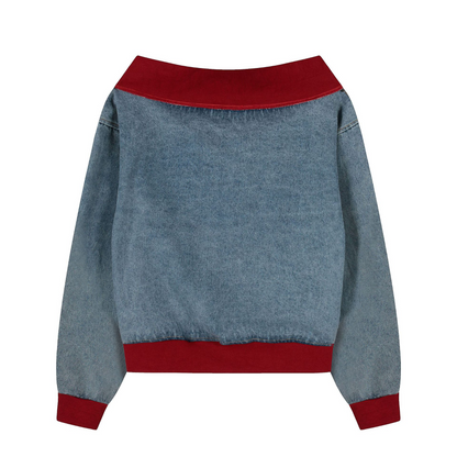 オフショルダー刺繡ワンポイントロゴデジップアップトップス/cm0003