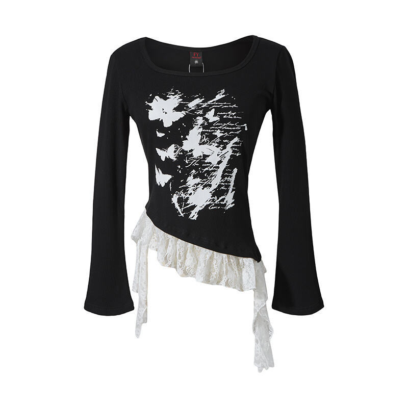 レースデザインプリントTシャツ/3color/cm0088