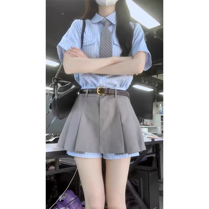 2pc/カレッジスタイルセットアップ/ストライプシャツ+スカート/cm0268