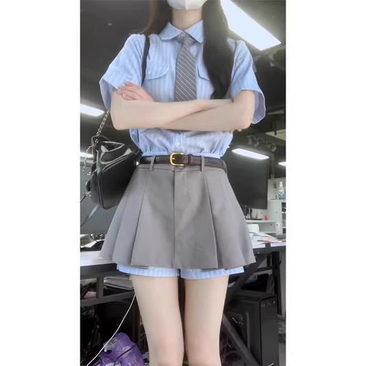 2pc/カレッジスタイルセットアップ/ストライプシャツ+スカート/cm0268