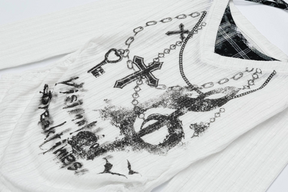 クロスデザインプリントフェイクレイヤートップス/2color/cm0153