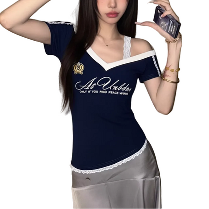アシンメトリーデザイン/レース肩紐半袖Tシャツ/2color/cm0036