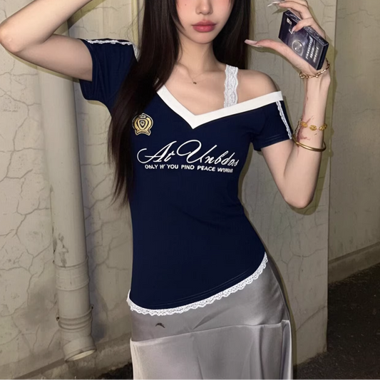 アシンメトリーデザイン/レース肩紐半袖Tシャツ/2color/cm0036