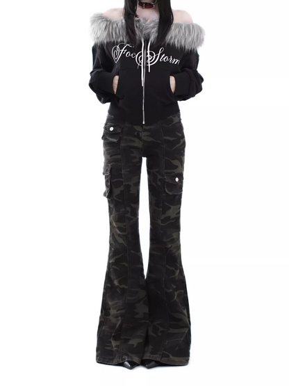 取り外しファー付きプリントジップアップスウェット/2color/cm0051