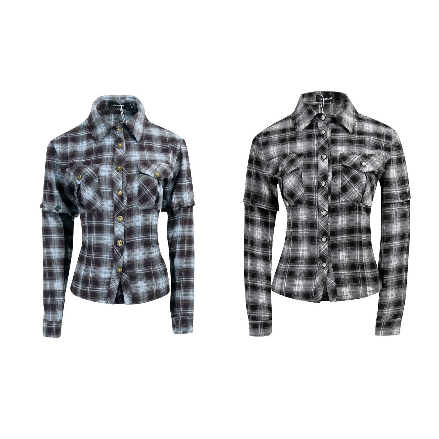 バック刺繍スリーブ取り外しチェックシャツ/cm0095