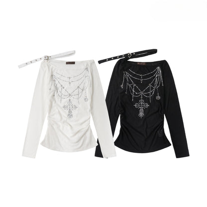 ベルトデザインラインストーン長袖トップス/2color/cm0156