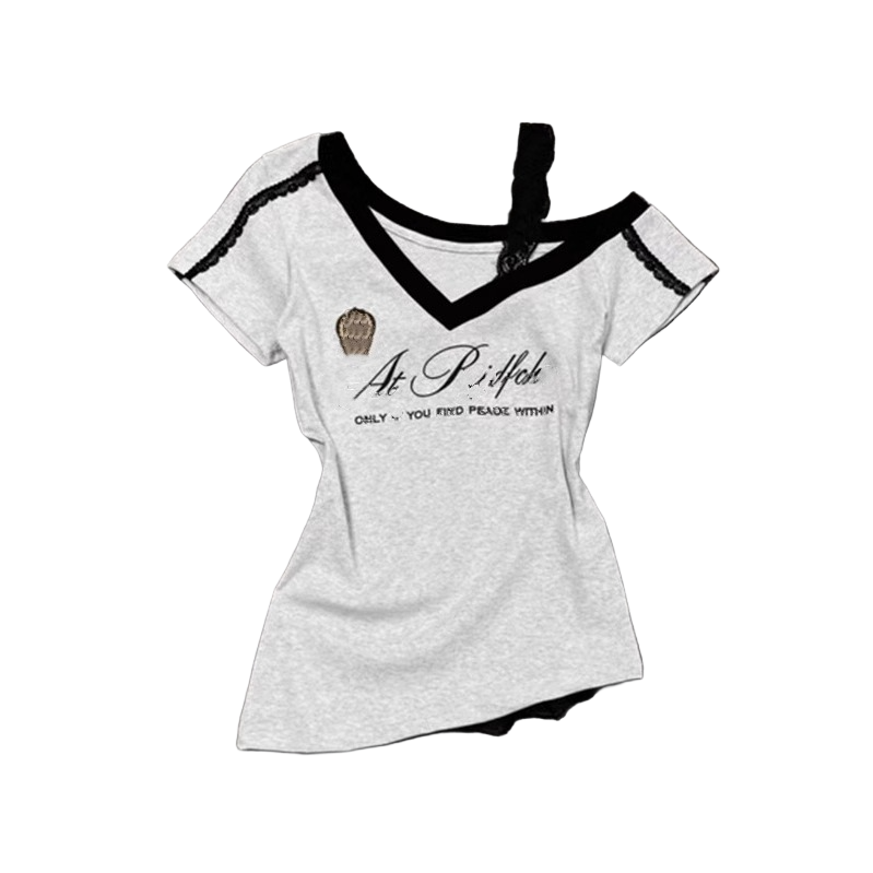 Asymmetrical design/lace shoulder strap short sleeve T-shirt