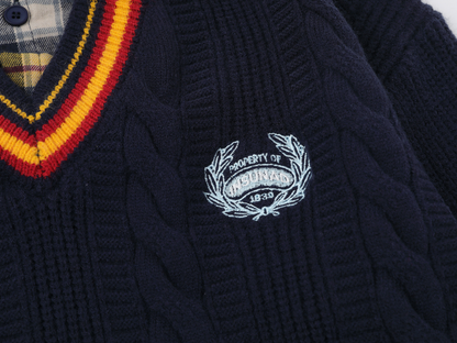 シャツフェイクレイヤード/ラインネック/ワンポイントケーブル編みデザインニット/cm0057