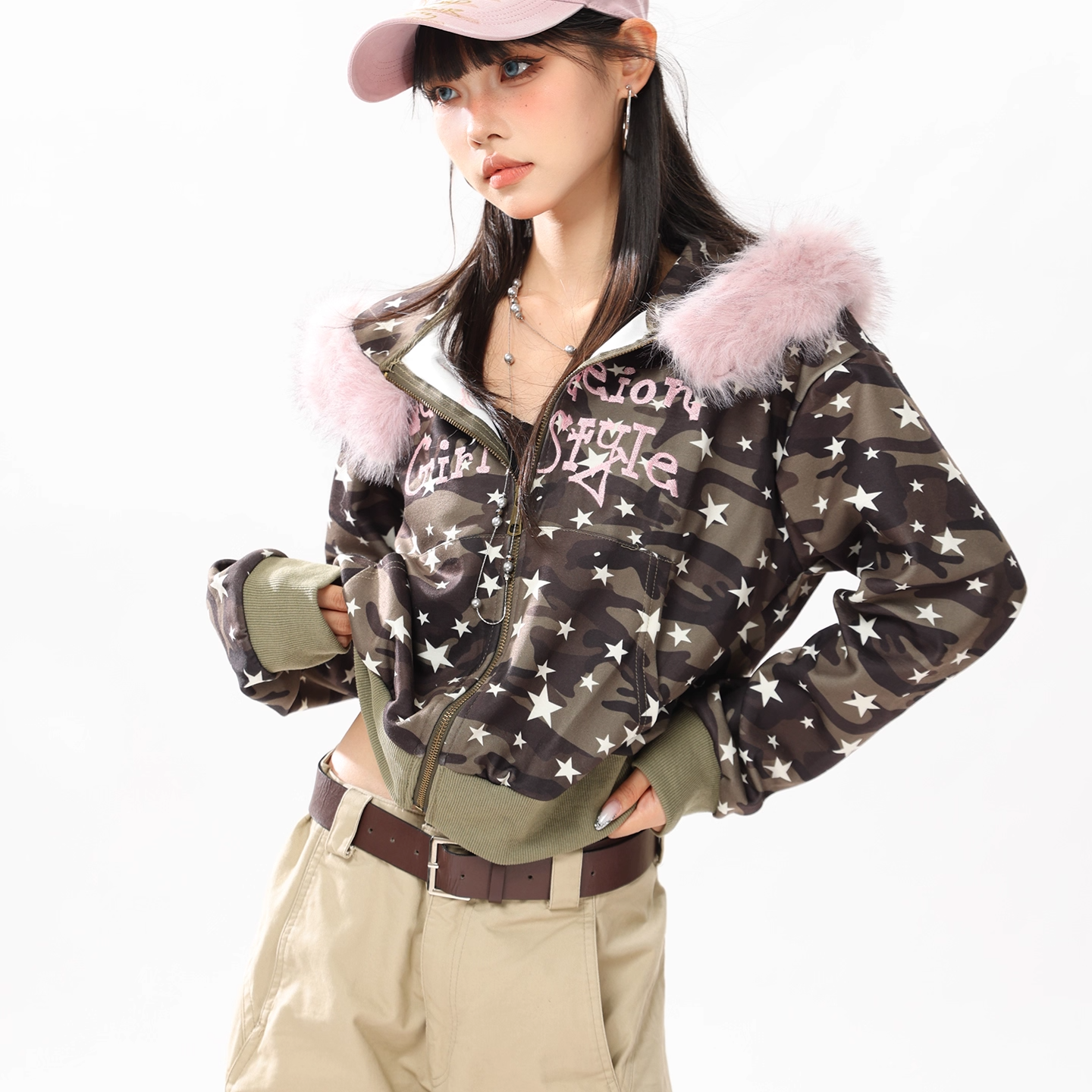 ファー付き迷彩スタープリントジップアップフードパーカー/cm0049