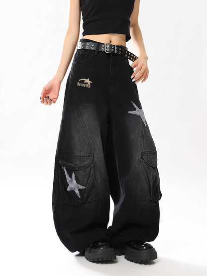 スターデザインワイドデニムパンツ/2color/cm0007