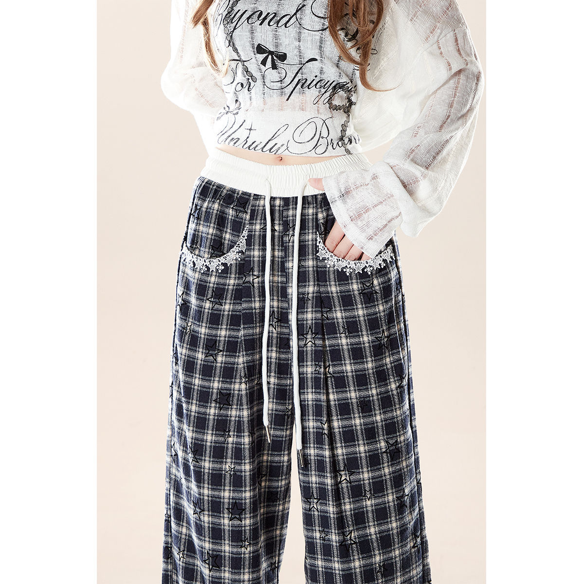 レースパッチワークスタープリントワイドレッグパンツ/cm0042