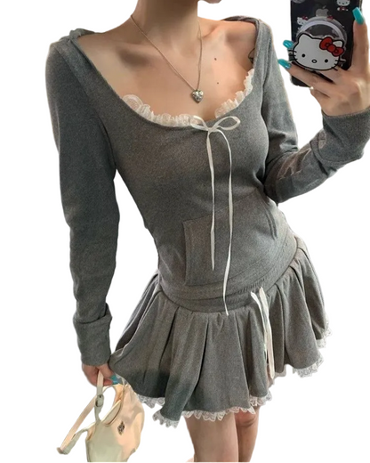 フード付きトップス＋ショートスカートセットアップ/cm0237