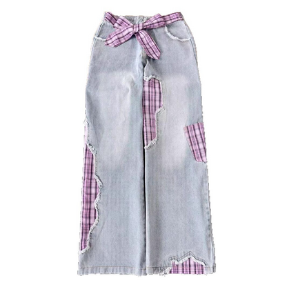 チェック切り替えデニムパンツ/2color/cm0052