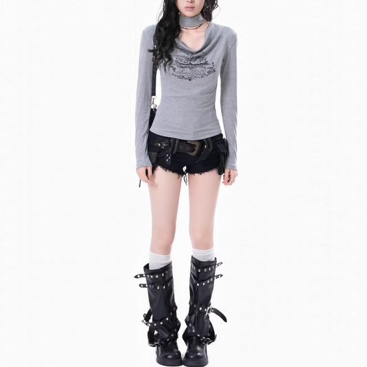 チョーカーデザインプリントロングTシャツ/2color/cm0174