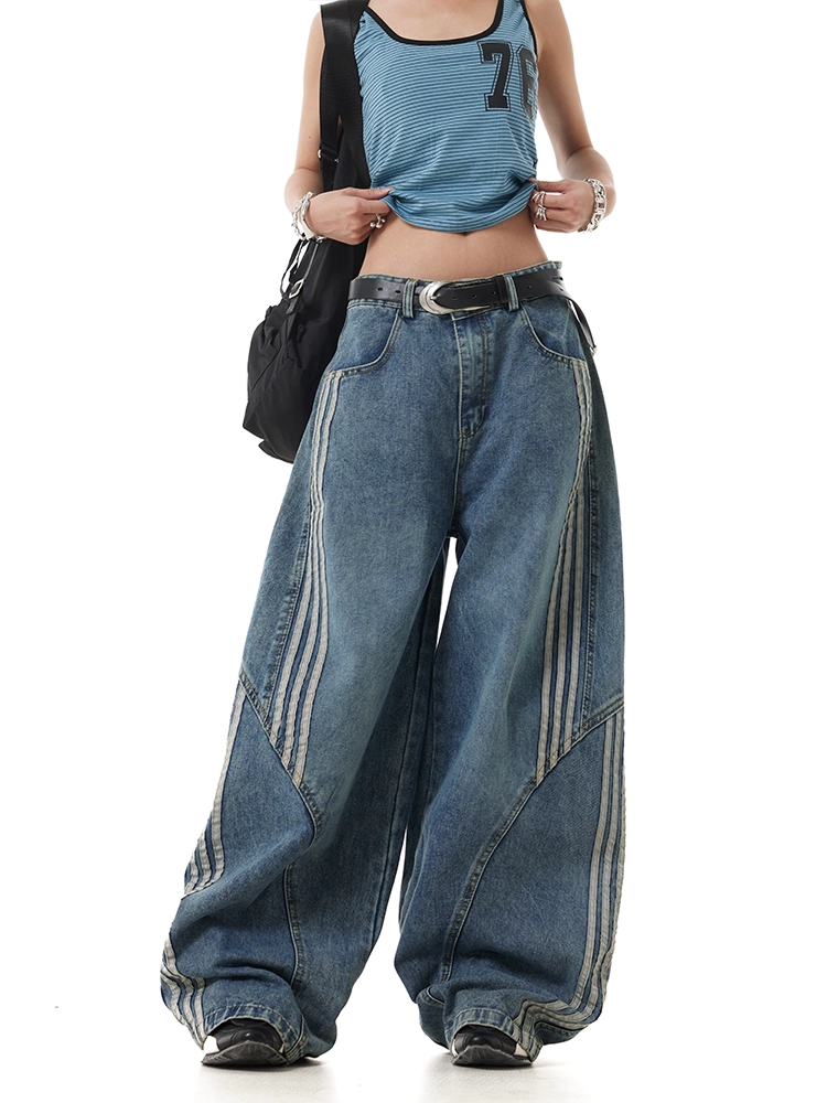 ラインデザインワイドレッグデニムパンツ/2color/cm0112