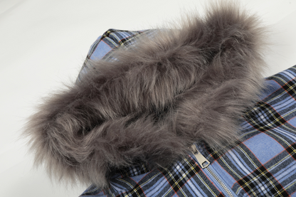 チェック柄ファーフードワンポイント刺繍ロゴジップアップジャケット/2color/cm0013