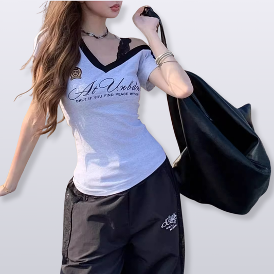 アシンメトリーデザイン/レース肩紐半袖Tシャツ/2color/cm0036