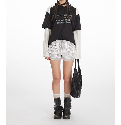 VネックコントラストダメージフェイクレイヤードTシャツ/2color/cm0045