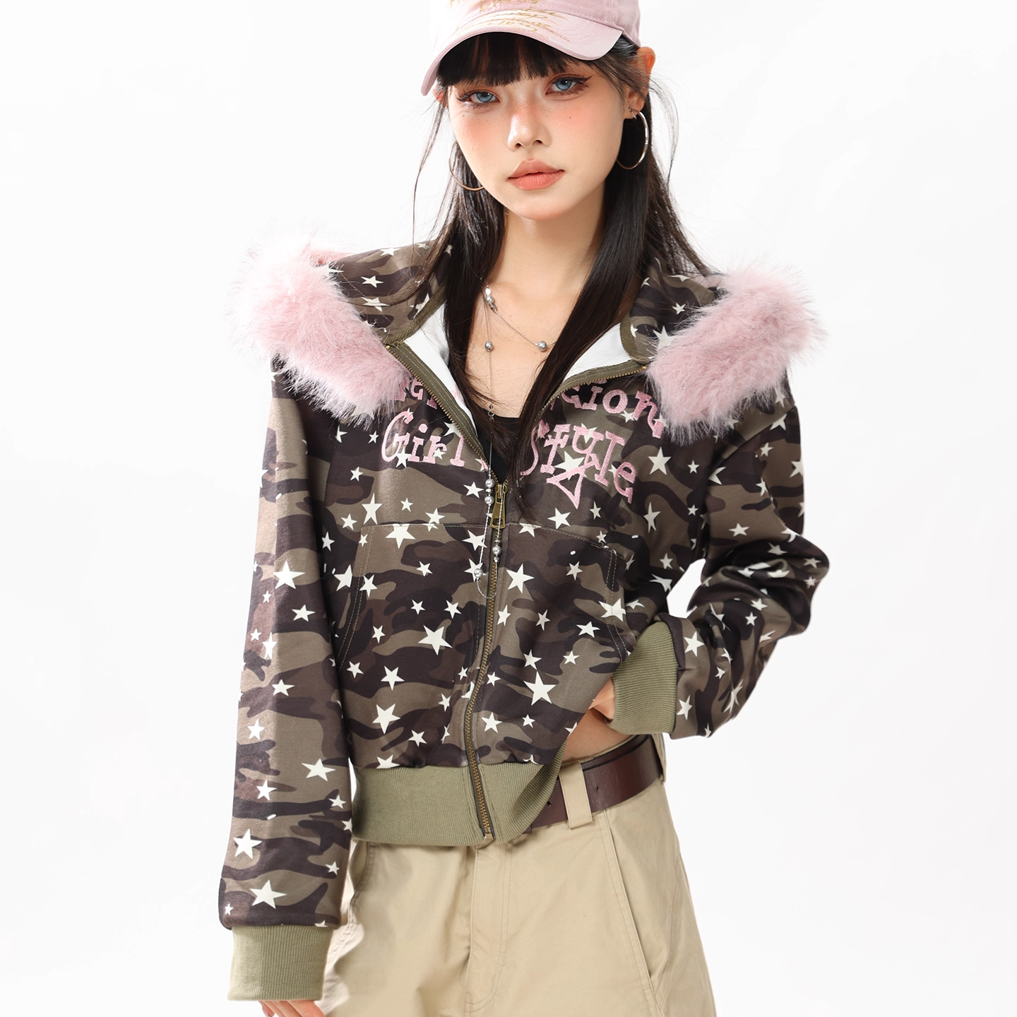 ファー付き迷彩スタープリントジップアップフードパーカー/cm0049