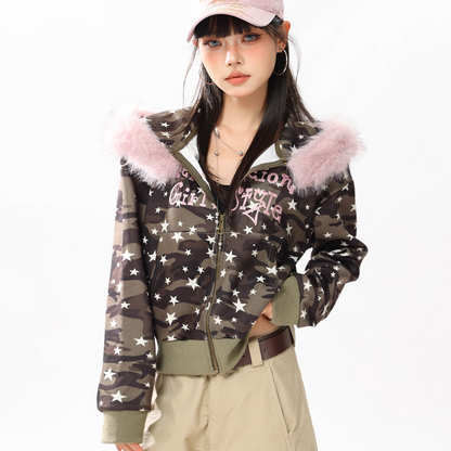 ファー付き迷彩スタープリントジップアップフードパーカー/cm0049