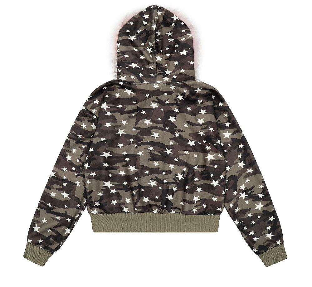 ファー付き迷彩スタープリントジップアップフードパーカー/cm0049