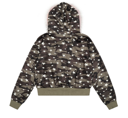 ファー付き迷彩スタープリントジップアップフードパーカー/cm0049