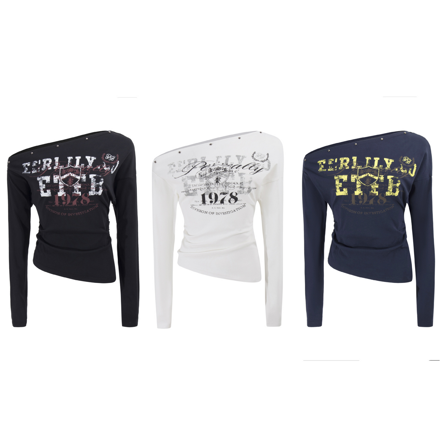 スタッズ付きアシメオフショルダーTシャツ/3color/cm0104