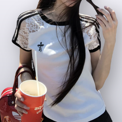 シースルーショルダーワンポイントクロス半袖Tシャツ/cm0301