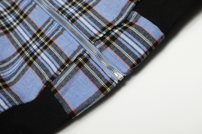 チェック柄ファーフードワンポイント刺繍ロゴジップアップジャケット/2color/cm0013