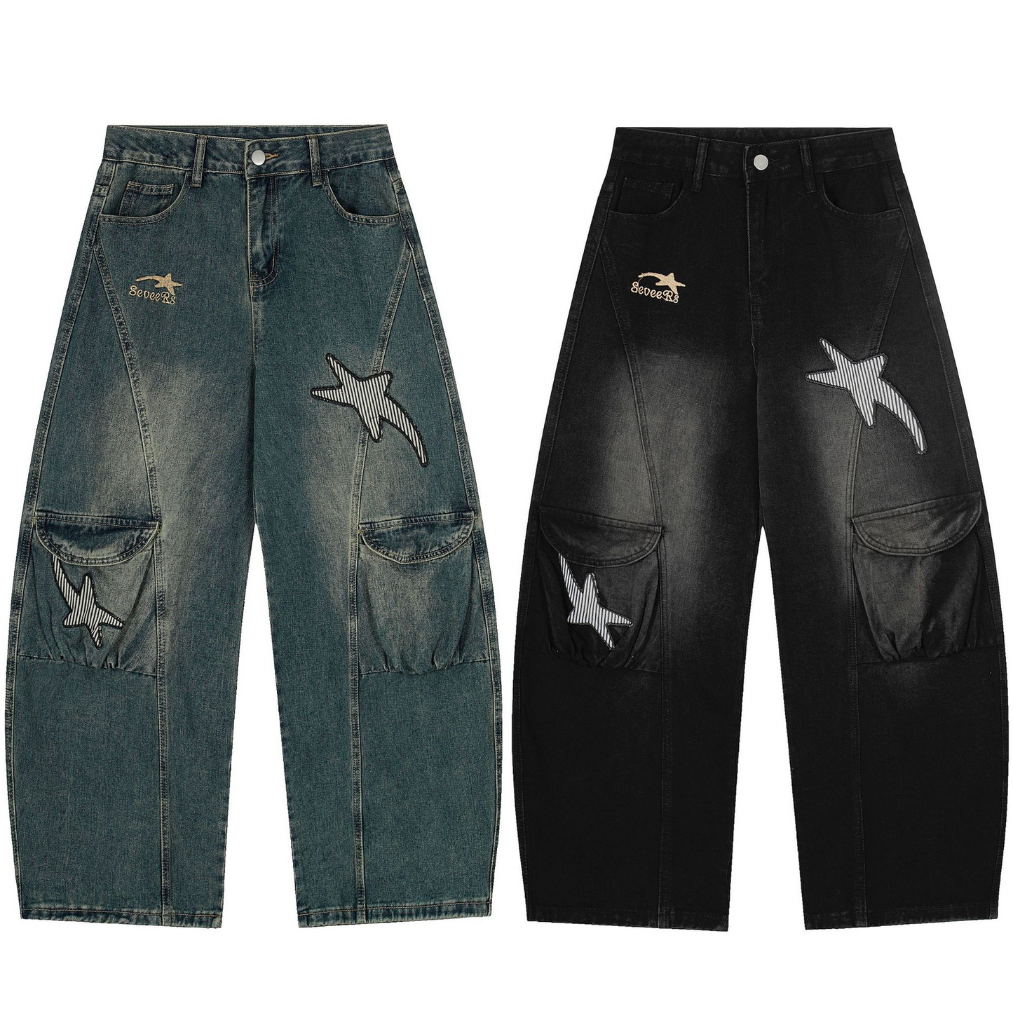 スターデザインワイドデニムパンツ/2color/cm0007