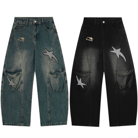 スターデザインワイドデニムパンツ/2color/cm0007