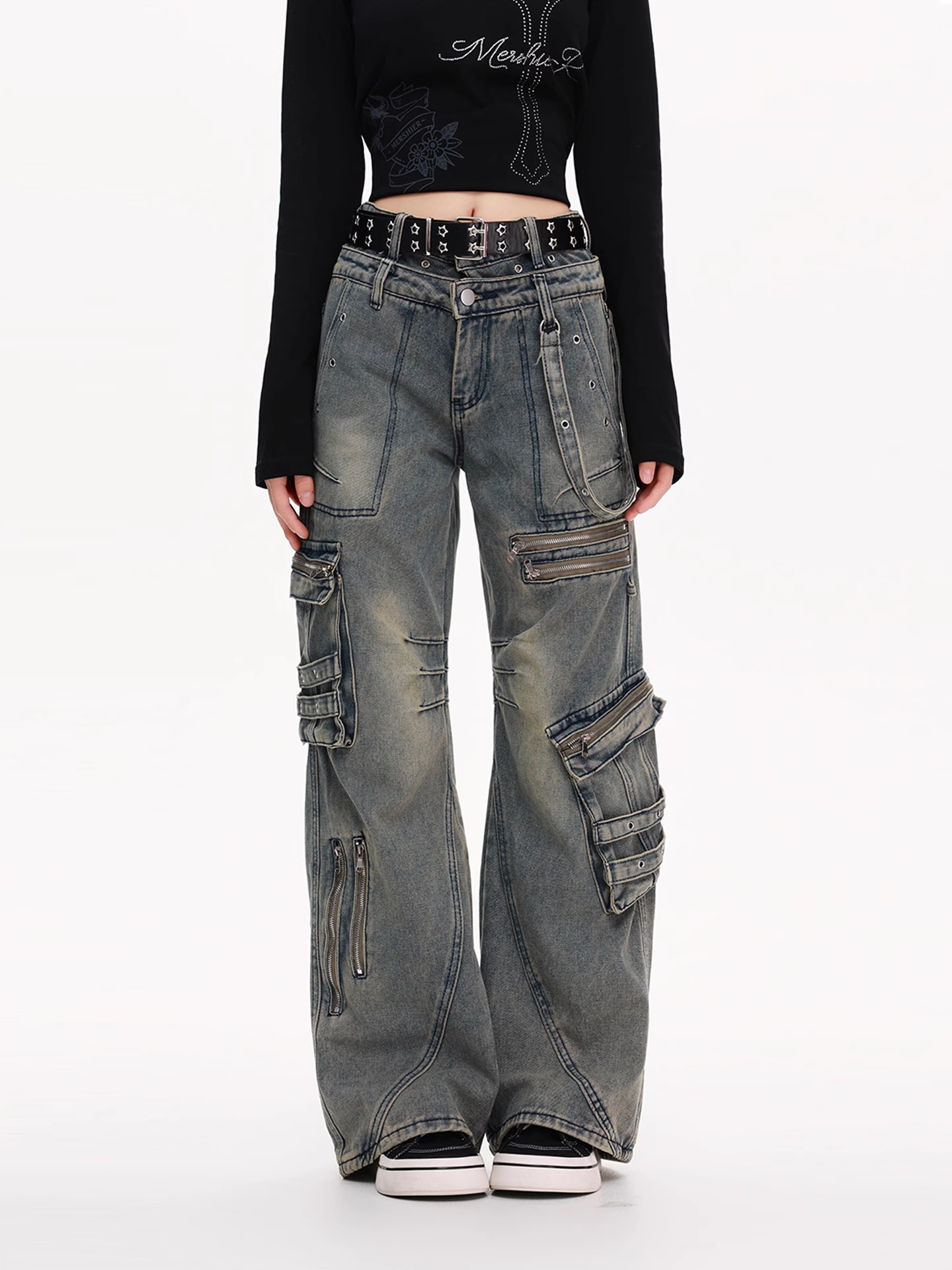 ジップディテールマルチポケットデニムカーゴパンツ/2color/cm0130