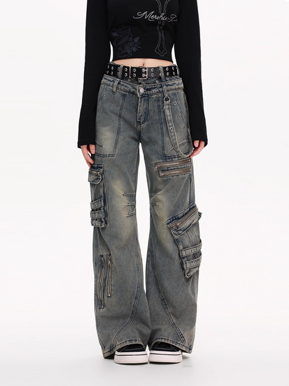 ジップディテールマルチポケットデニムカーゴパンツ/2color/cm0130