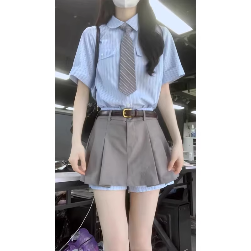 2pc/カレッジスタイルセットアップ/ストライプシャツ+スカート/cm0268