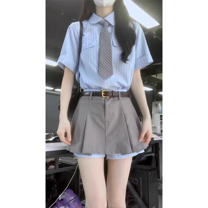 2pc/カレッジスタイルセットアップ/ストライプシャツ+スカート/cm0268