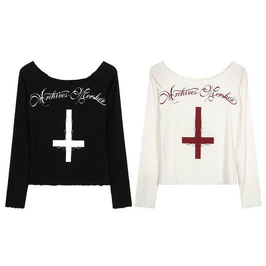 レタリングプリントオフショルダー長袖トップス/cm0254