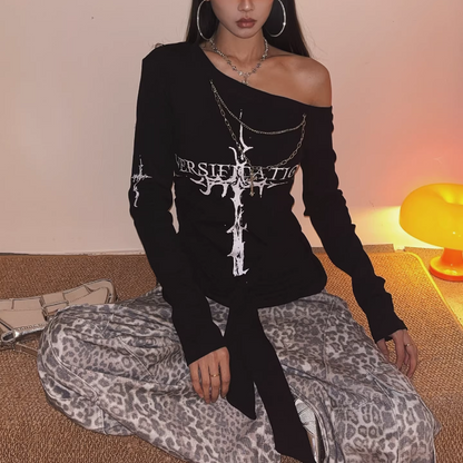 2colot/オフショルダークロスプリントロングTシャツ/cm0199