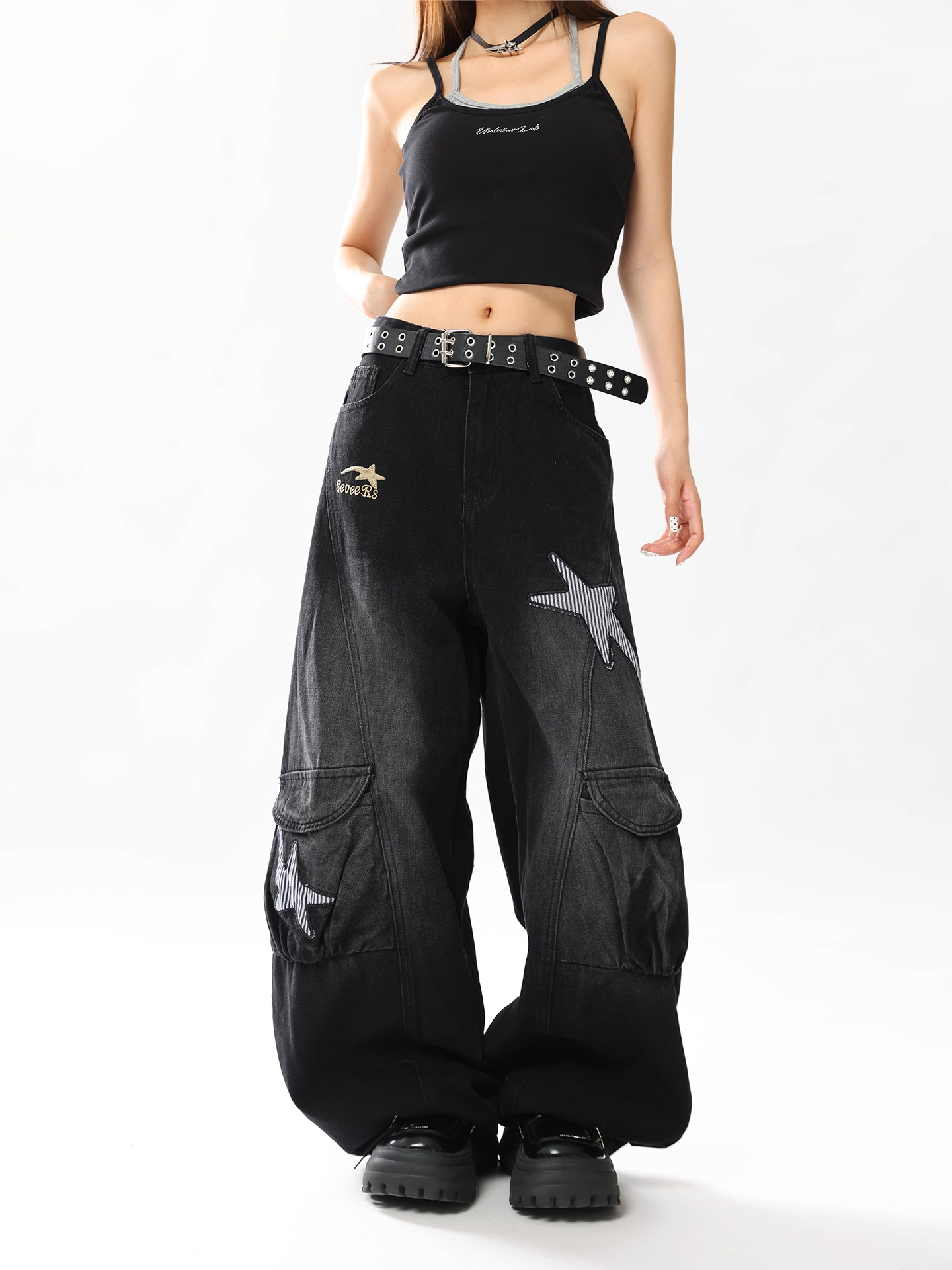 スターデザインワイドデニムパンツ/2color/cm0007