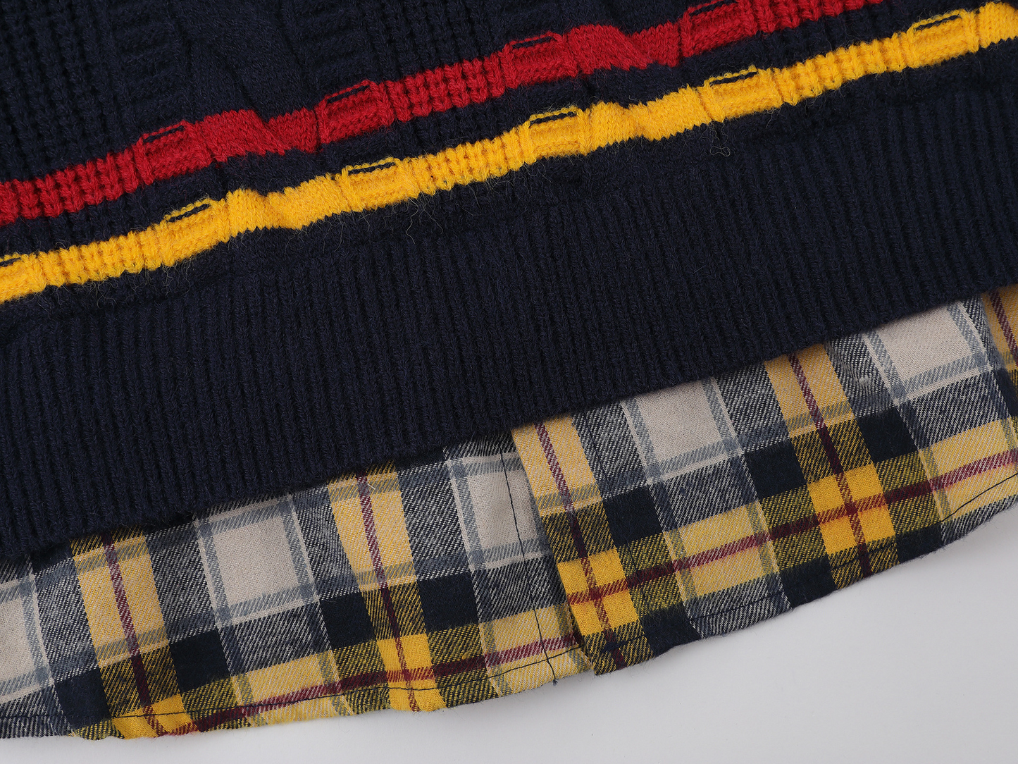 シャツフェイクレイヤード/ラインネック/ワンポイントケーブル編みデザインニット/cm0057