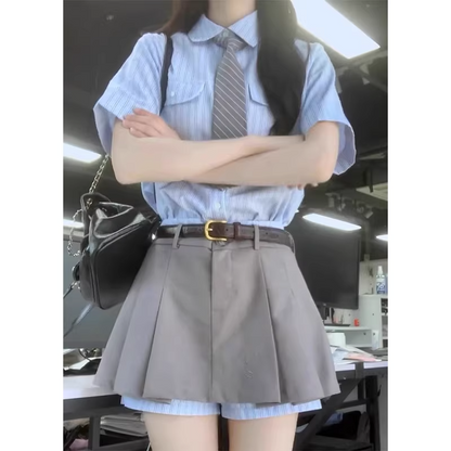 2pc/カレッジスタイルセットアップ/ストライプシャツ+スカート/cm0268