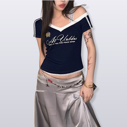 アシンメトリーデザイン/レース肩紐半袖Tシャツ/2color/cm0036