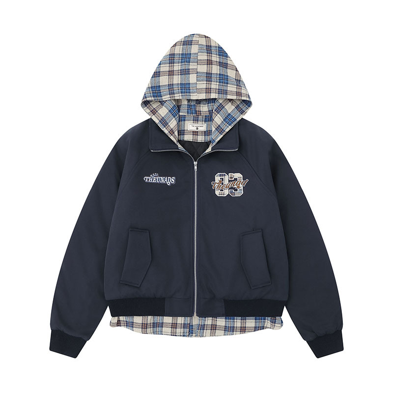 チェックフェイクレイヤード刺繍ロゴジャケット/2color/cm0085