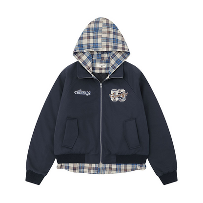 チェックフェイクレイヤード刺繍ロゴジャケット/2color/cm0085