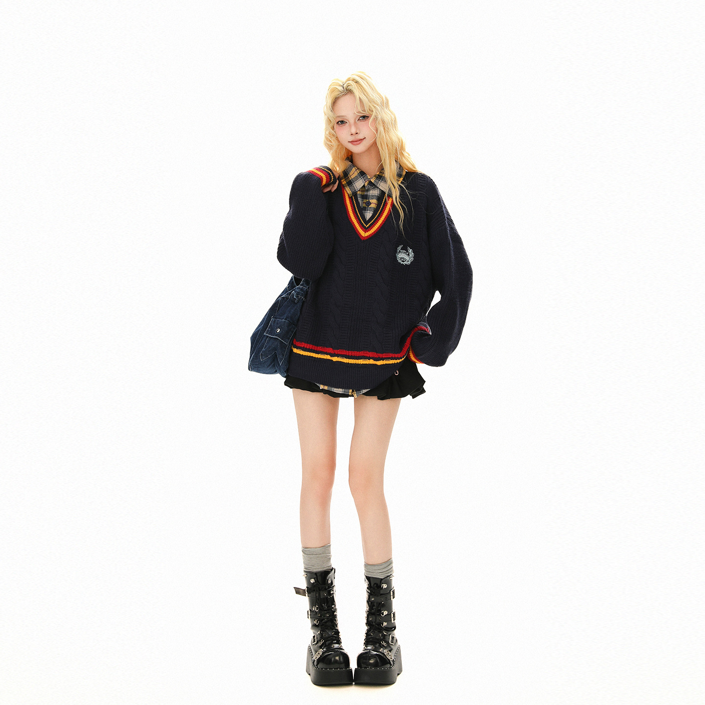 シャツフェイクレイヤード/ラインネック/ワンポイントケーブル編みデザインニット/cm0057