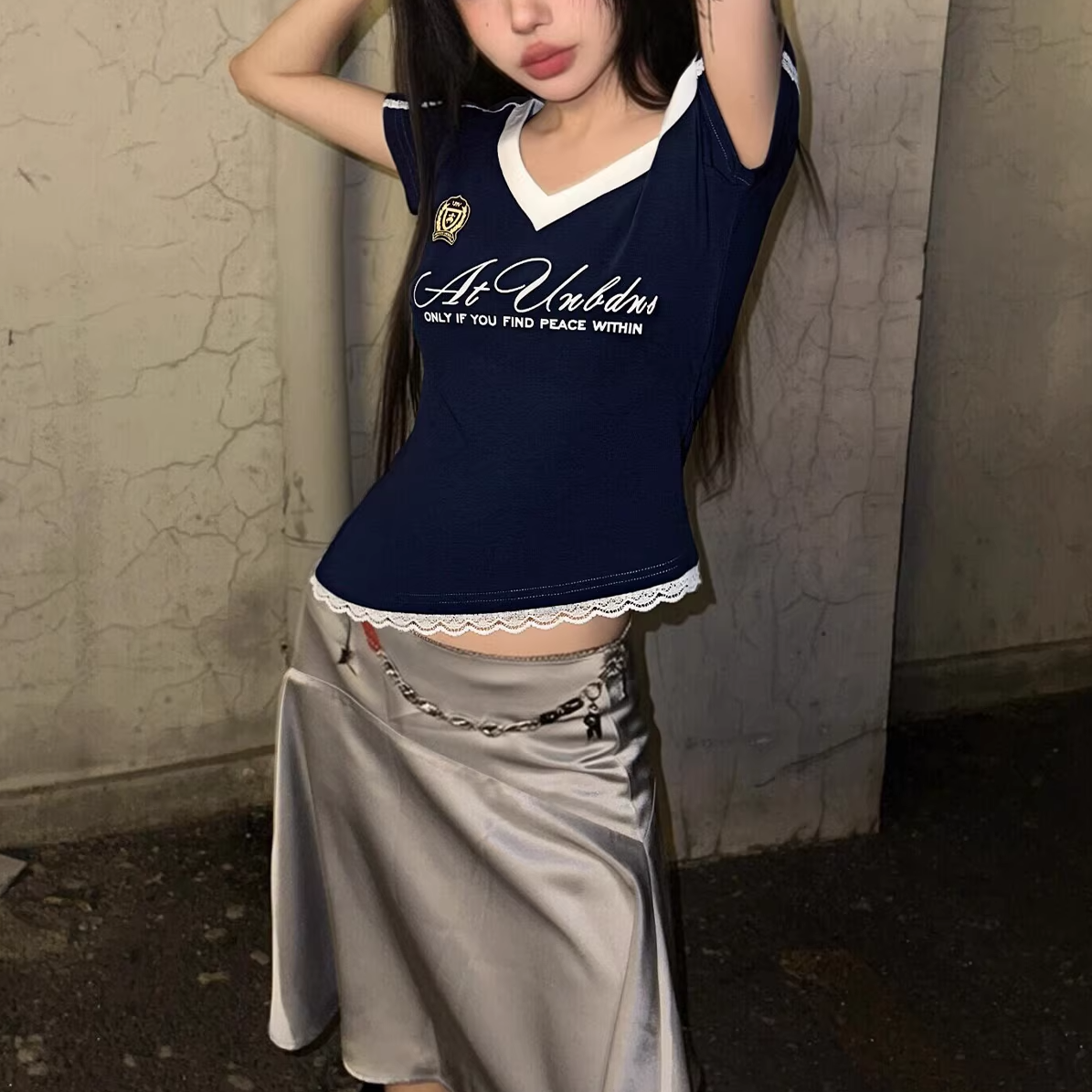 アシンメトリーデザイン/レース肩紐半袖Tシャツ/2color/cm0036