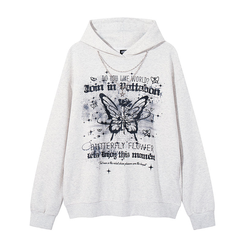 チェーンアクセ付きバタフライプリントパーカー/2color/cm0151